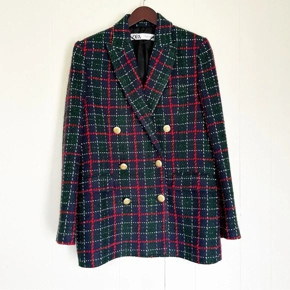 ZARA Tweed Plaid Double Breasted Blazer Green Red Gold Buttons - Picture 9 of 14